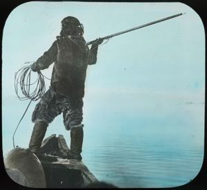 Image of Eskimo [Inuk] Standing On Bow of Whaleboat